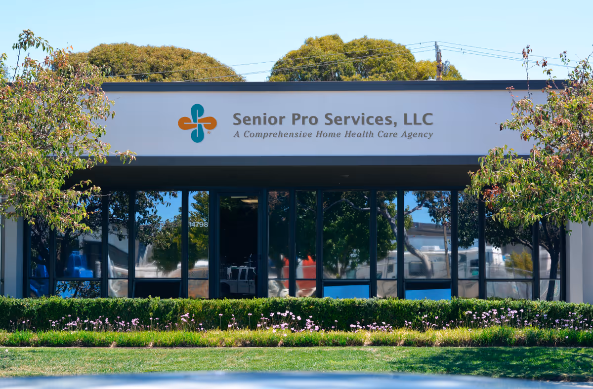 Front view of Senior Pro Services, LLC building with large windows and landscaped entrance.