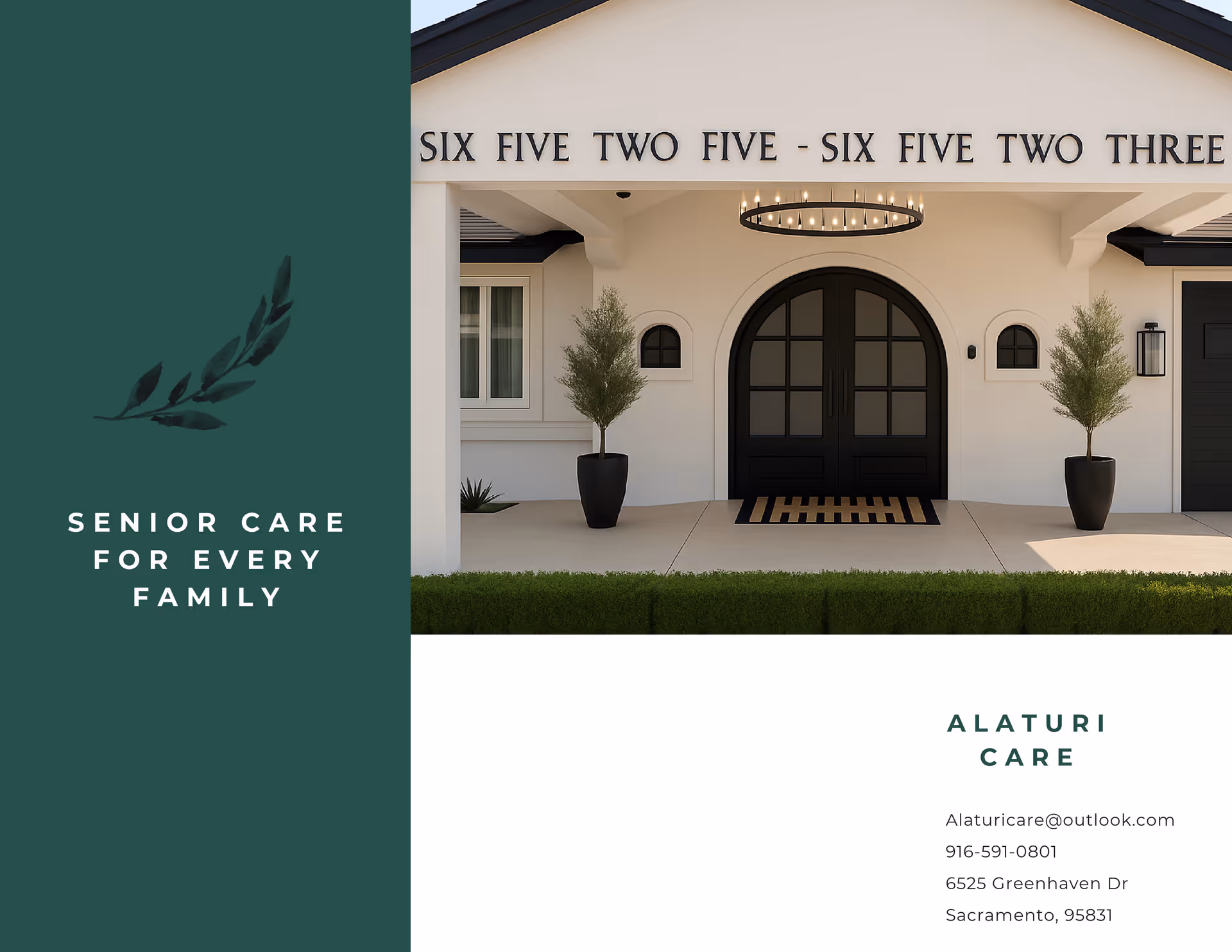 Front entrance of a white senior care facility with arched doors and potted trees.