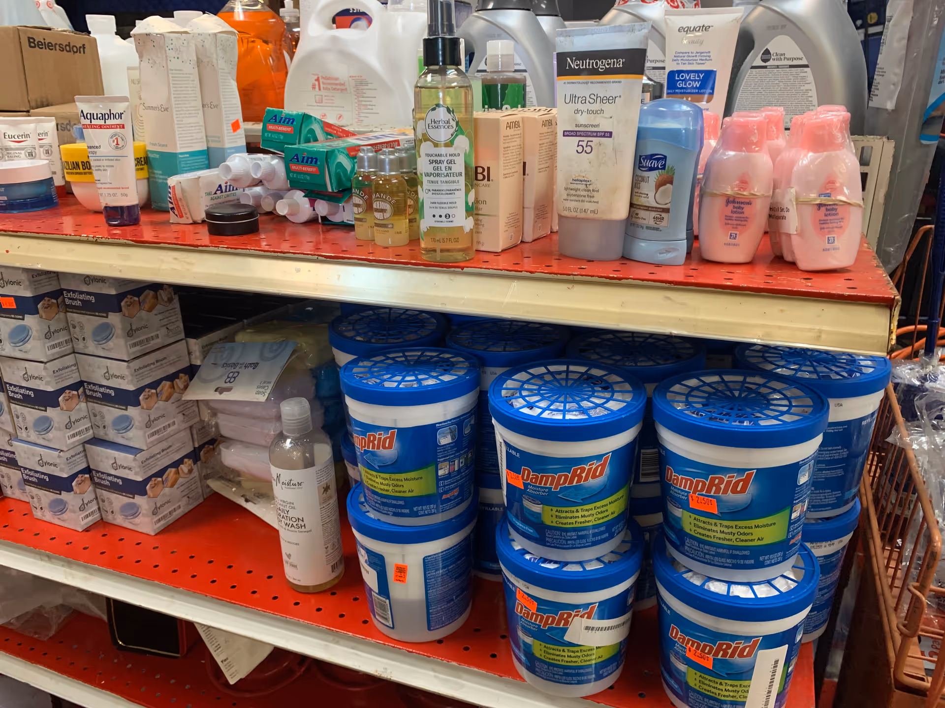 Store shelf filled with cleaning supplies, detergents, and DampRid moisture containers.