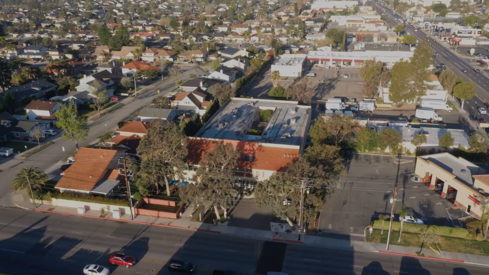 Aerial view of Citrus Hills Assisted Living exterior with parking and surrounding neighborhood