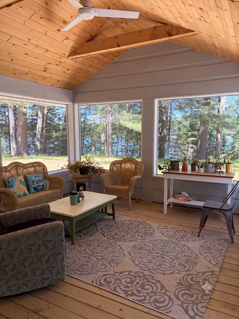 Cozy sunlit living room with wicker seating, plants, and a patterned rug overlooking forest.