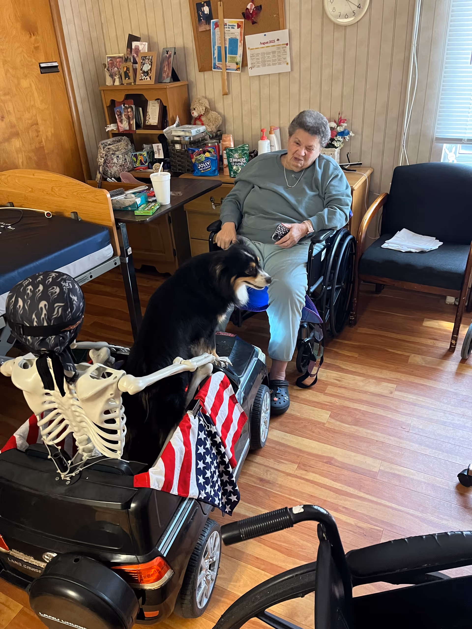 Elderly woman in a wheelchair sits beside a dog in a cozy resident room.