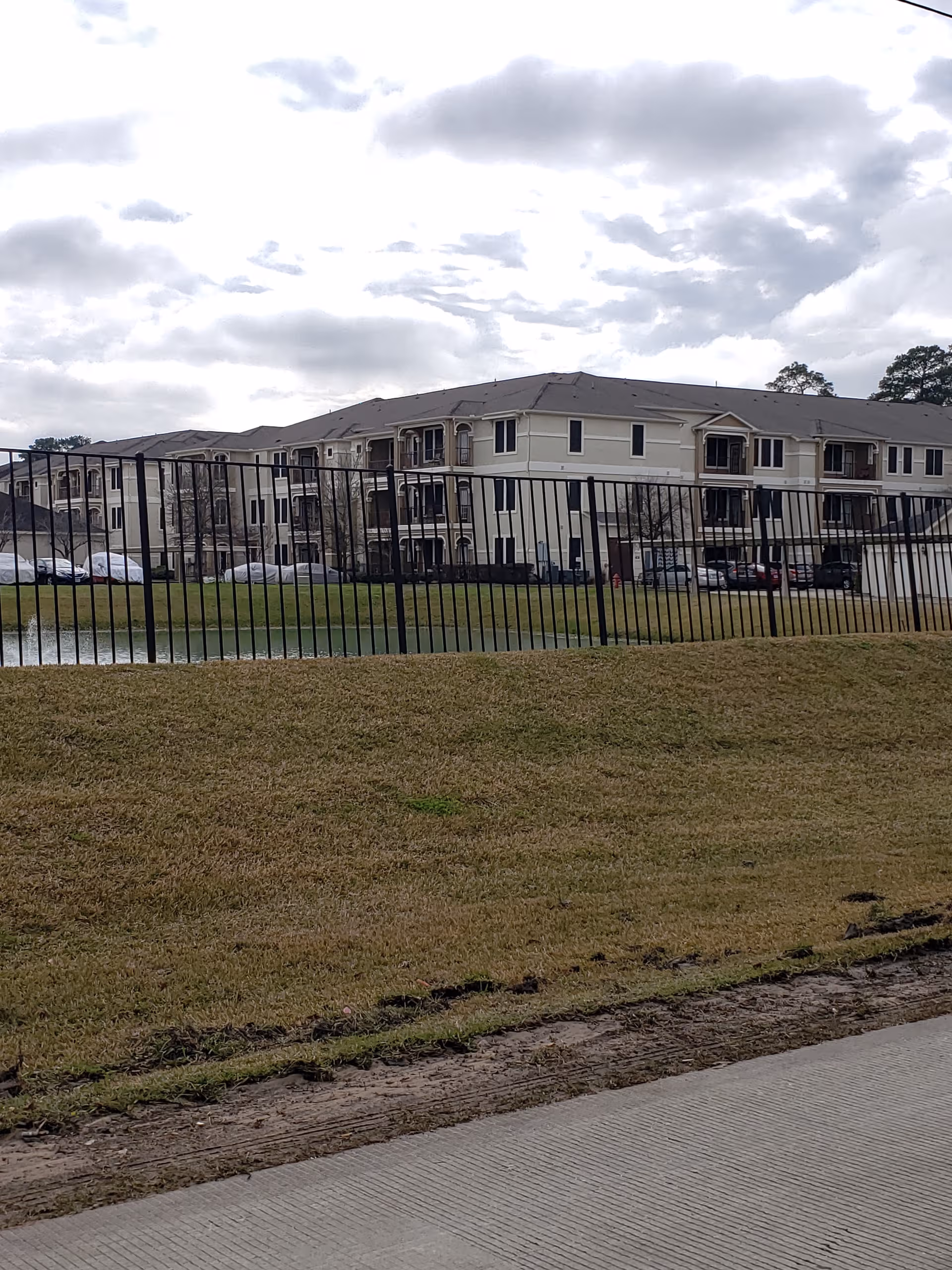 Exterior view of Arella Forest at Woodland, showing the building, fence, lawn, and parked cars.