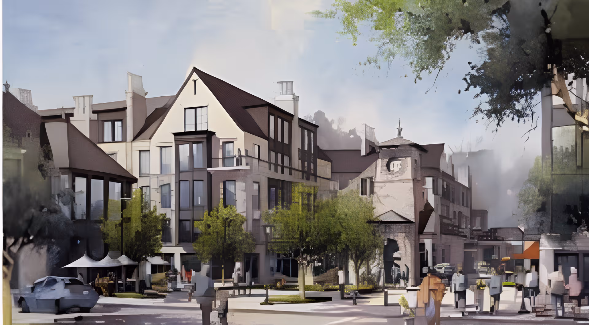 Exterior view of a multi-story residential building with a steep roof and large windows, surrounded by trees and a paved courtyard area with benches and street lamps.
