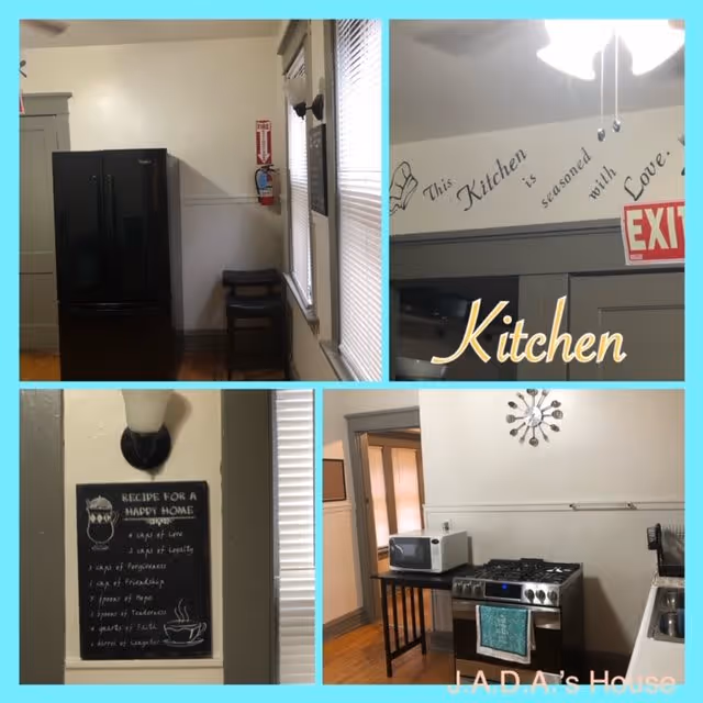 Collage of a small kitchen showing a black refrigerator, stove and microwave, wall decor and a sign reading 'Kitchen'.