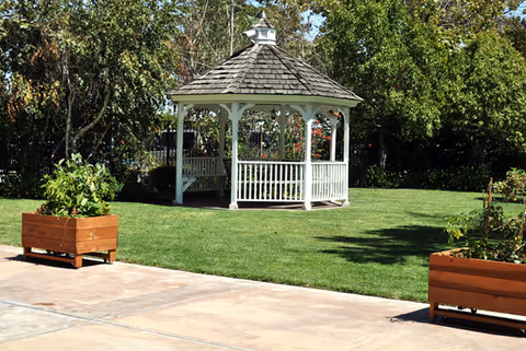 White wooden gazebo on a grassy lawn with planter boxes and trees in the background.