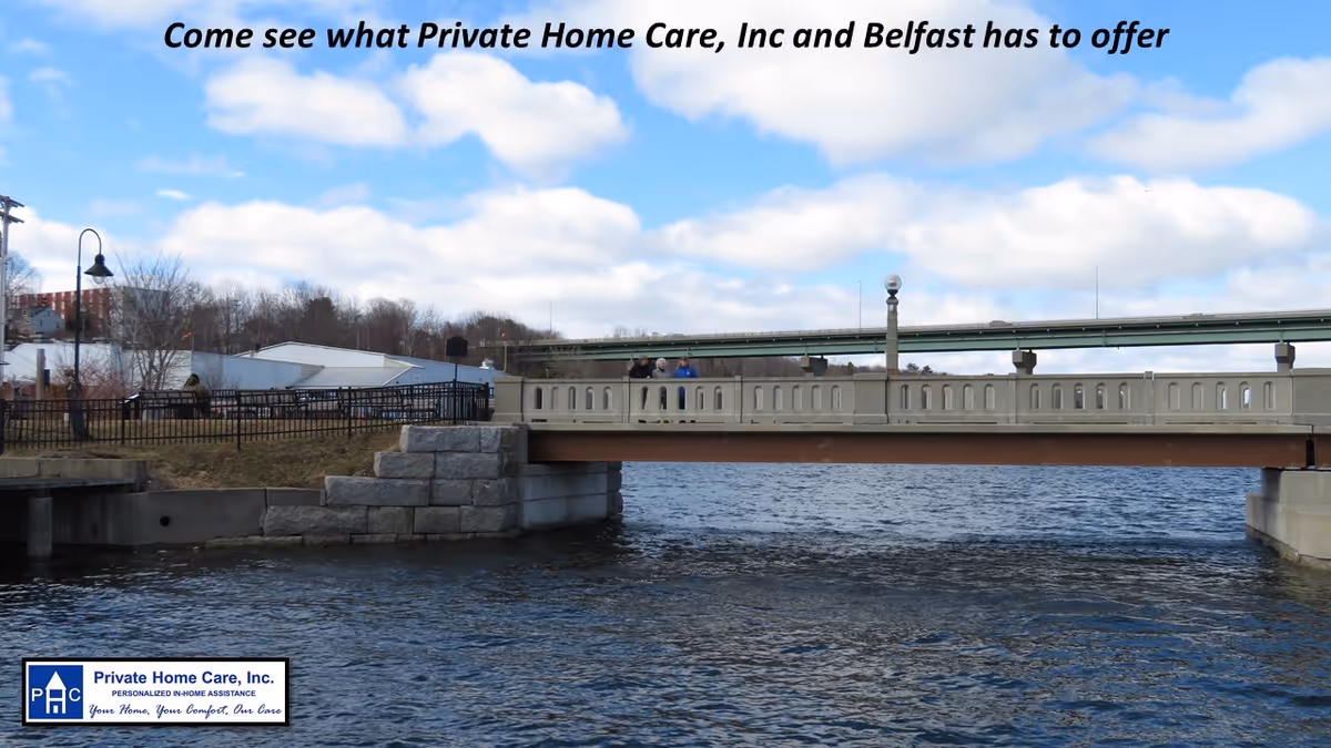 Bridge over a river with walkers, blue sky and waterfront scene.
