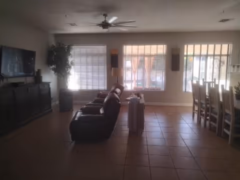 A spacious living room with dark leather seating, a TV, plant, and dining area.