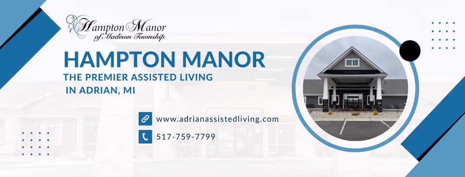 Promotional banner for Hampton Manor Assisted Living featuring the building entrance.