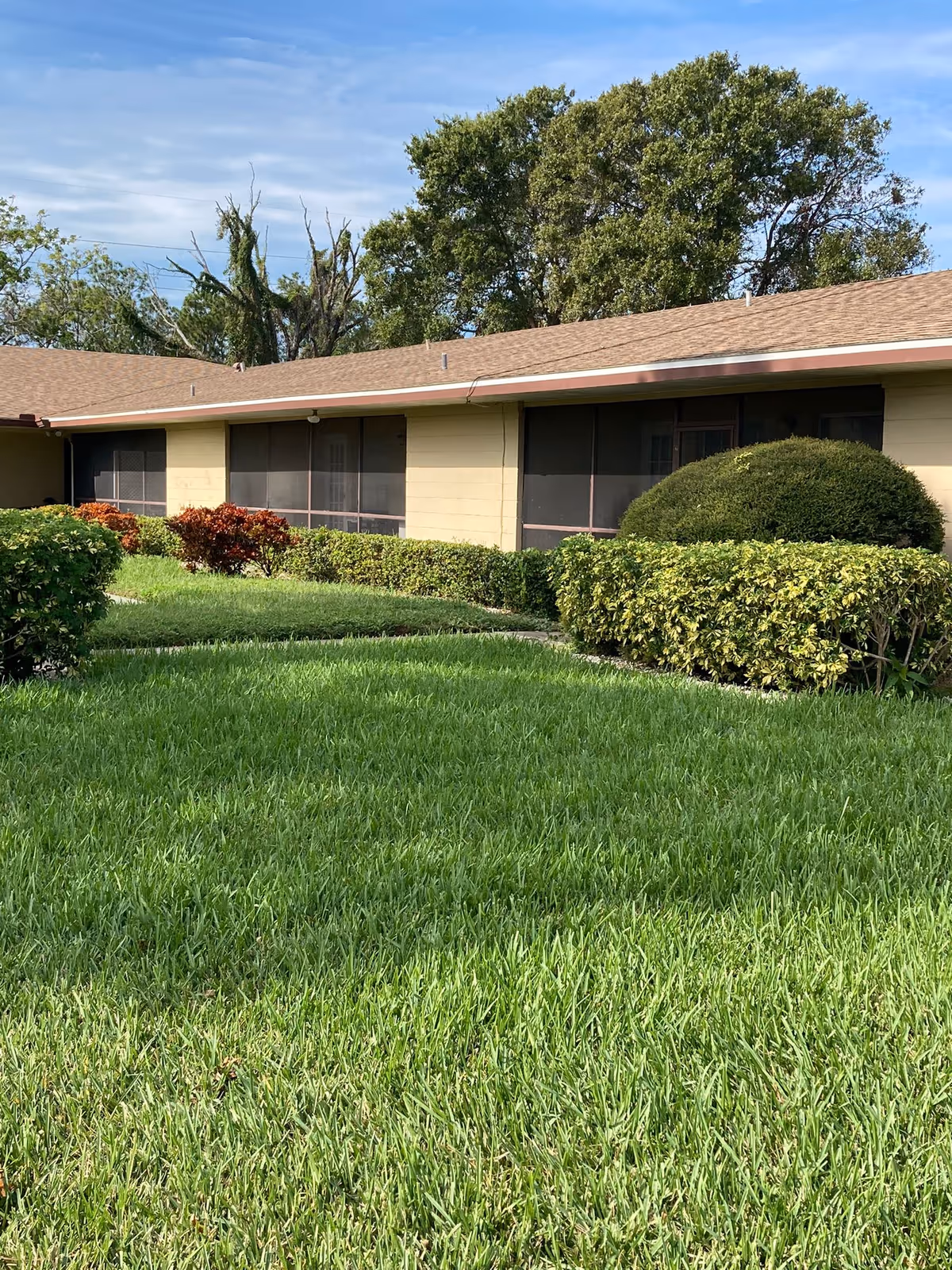 Single-story building with a brown roof and beige walls, featuring large screened windows. In front of the building is a well-maintained green lawn with neatly trimmed bushes and shrubs. Trees are visible in the background under a partly cloudy sky.