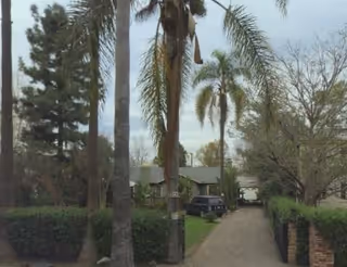 Exterior view of a senior care facility with a driveway and palm trees