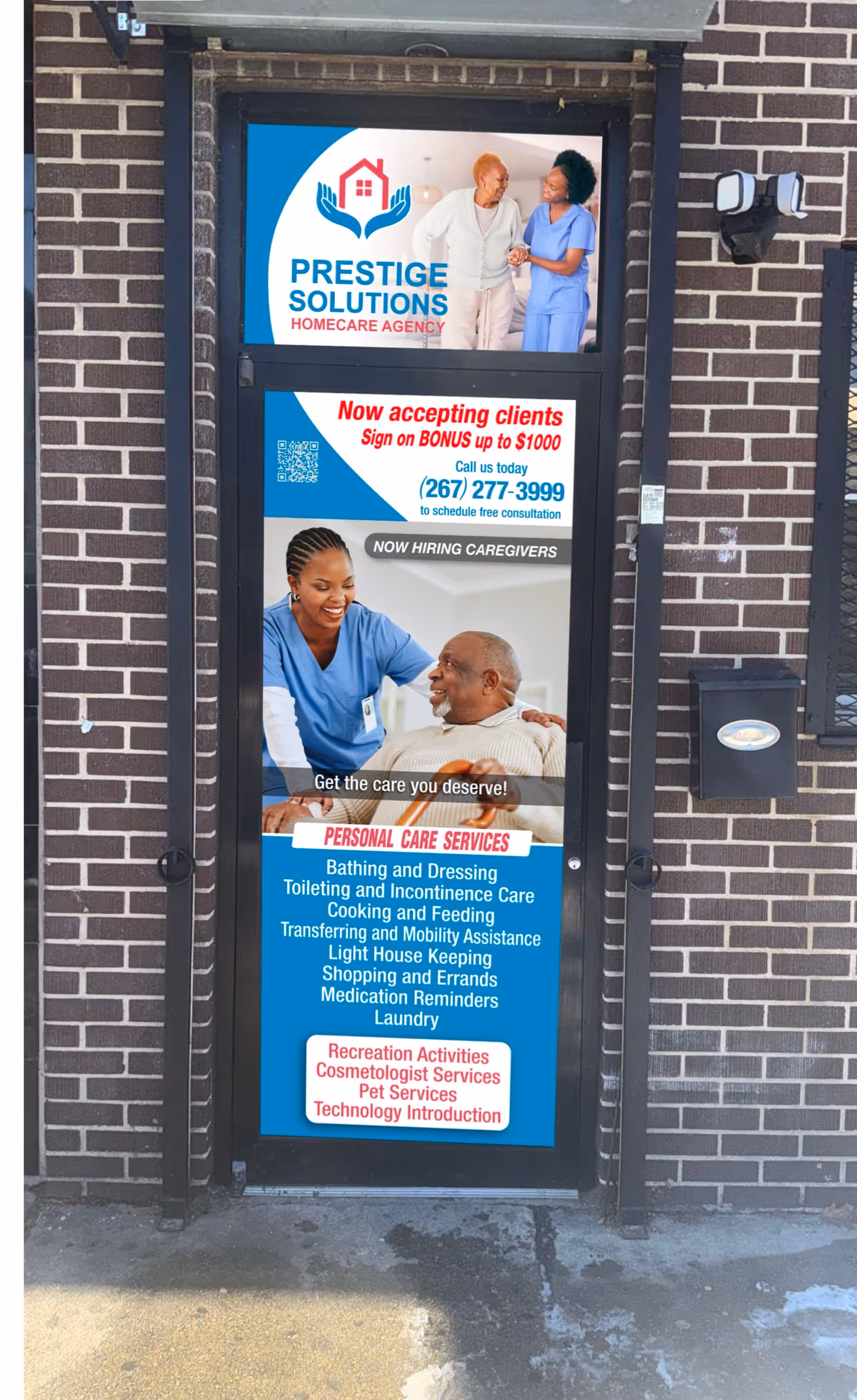 Exterior doorway of Prestige Solutions HomeCare Agency with promotional posters and contact info.