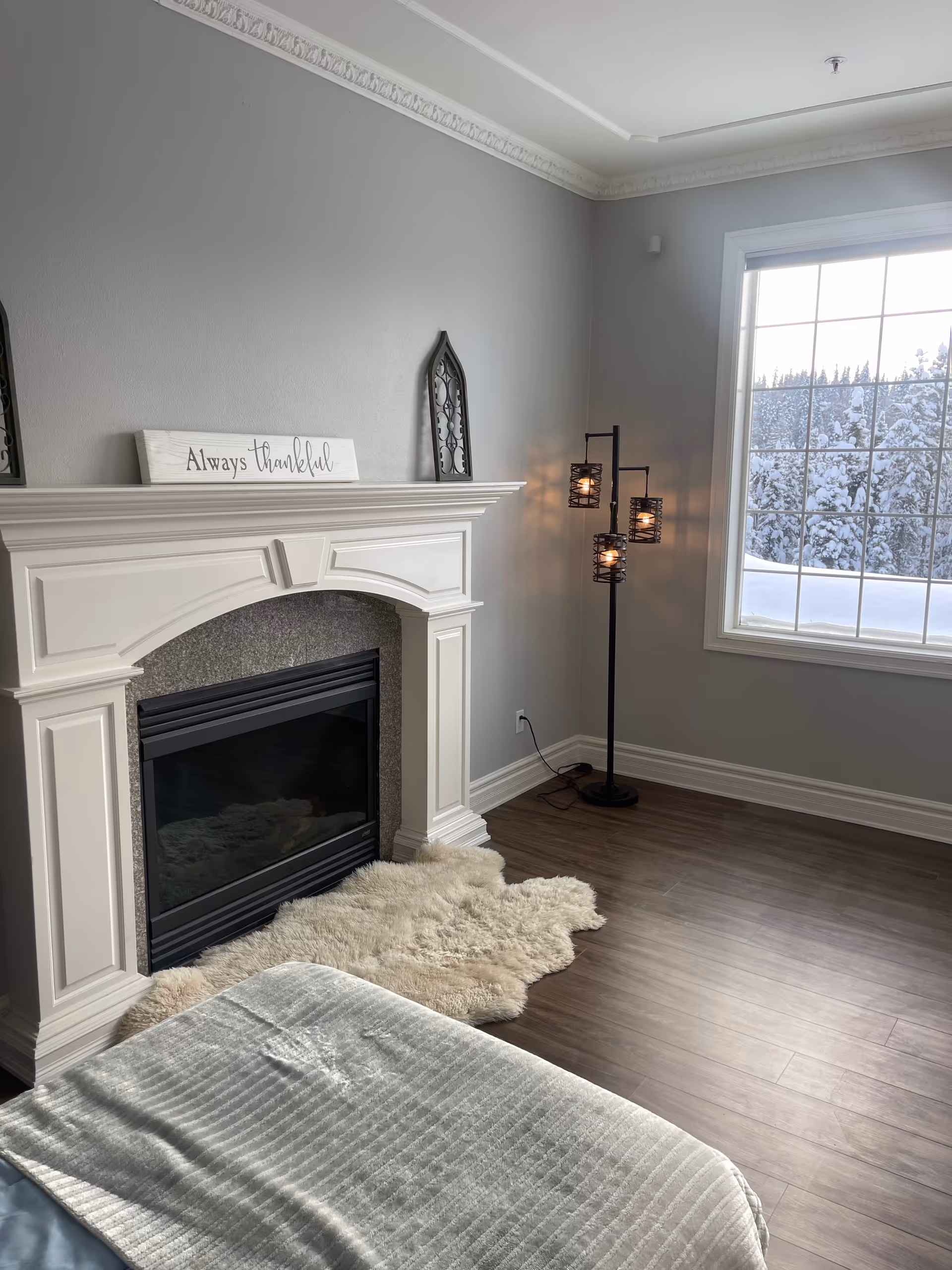 Cozy living room with white fireplace, decorative sign, floor lamp, large window, and plush rug.