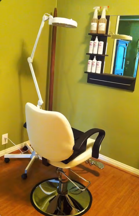 White salon chair with overhead lamp and mirror, shelves of bottles on green wall.