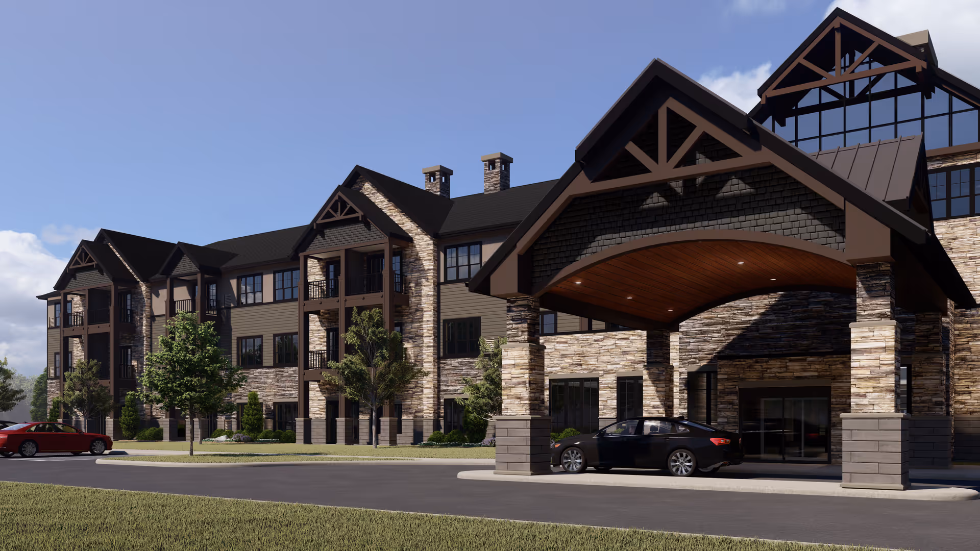 Exterior view of Vitalia Active Adult Community - North Royalton, a multi-story stone senior living building.