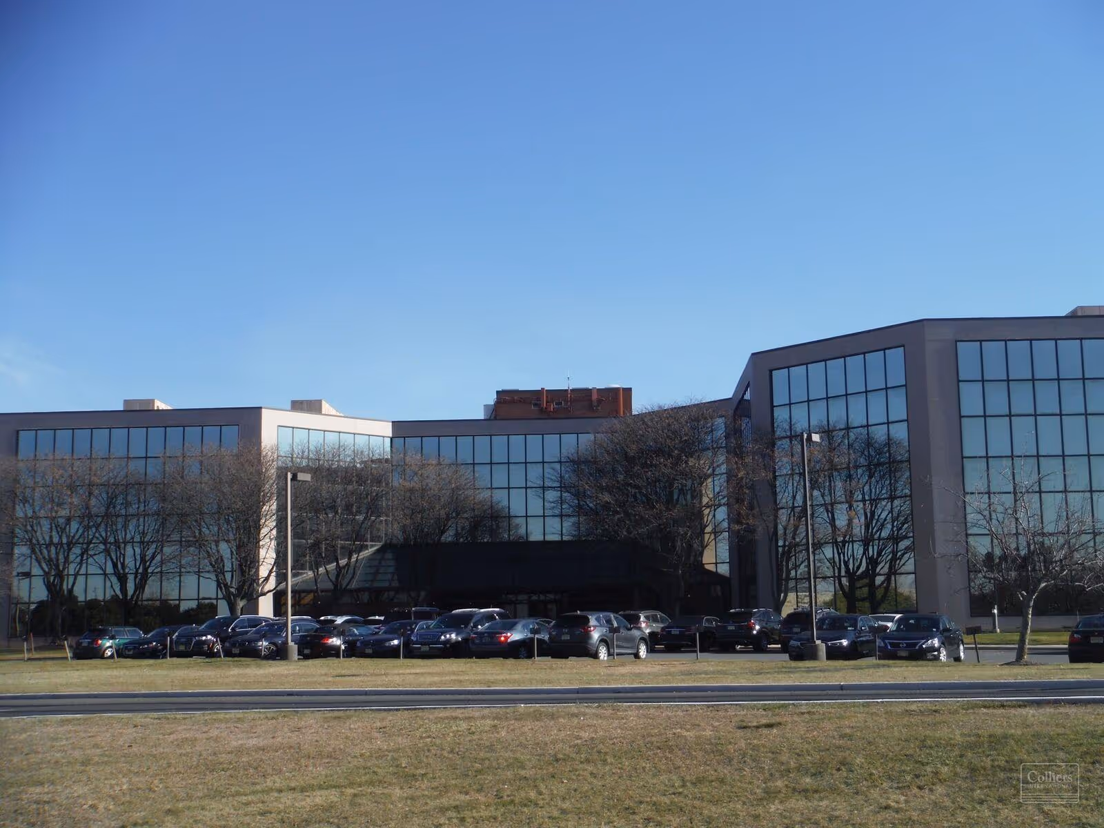 Exterior view of a modern glass-front building with a row of parked cars.