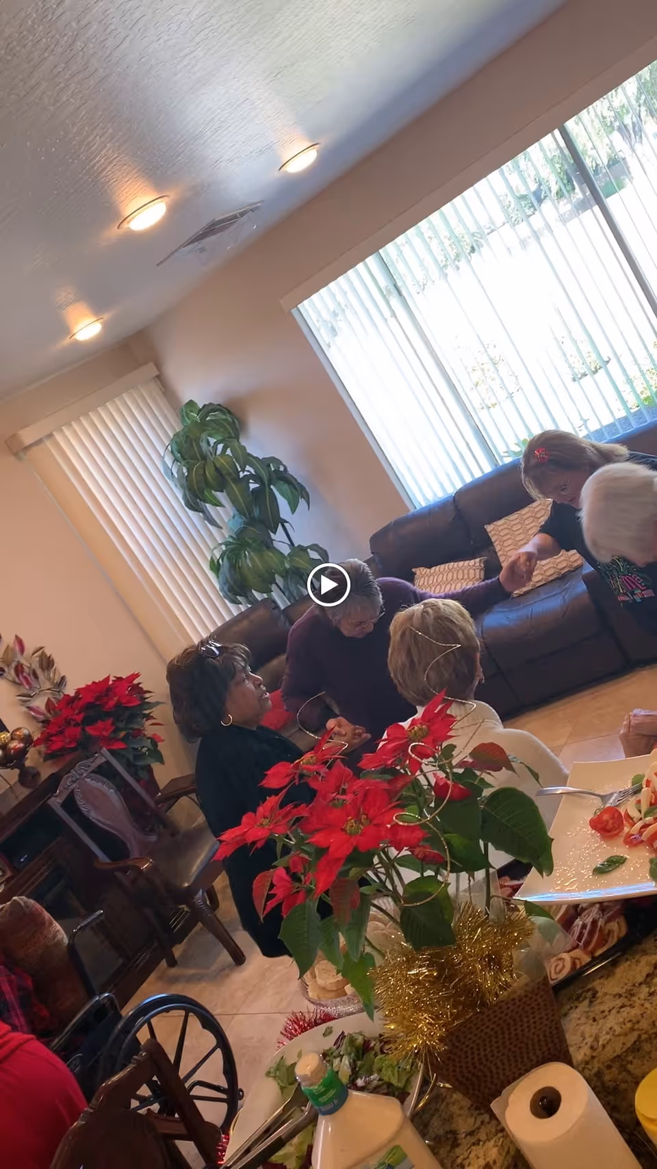 A group of elderly people sitting and holding hands in a living room with a large window covered by vertical blinds. The room has a brown leather couch, a green potted plant, and red poinsettia flowers on a table in the foreground. Various items including a salad plate, salad dressing, and paper towels are visible on a countertop.