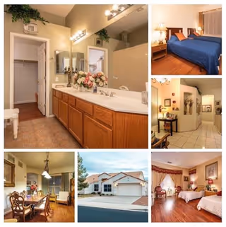 Collage showing interior rooms — a double-sink bathroom, multiple bedrooms, dining area — and a small exterior view of the facility.