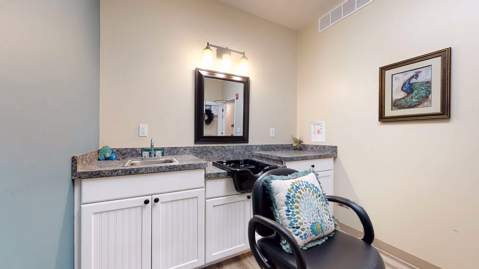 A small salon area in a retirement facility with a black salon chair featuring a decorative cushion, a countertop with a sink, a black hair washing basin, a mirror with three lights above it, and a framed peacock artwork on the wall.