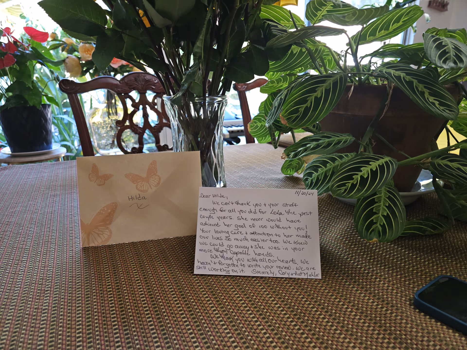 A dining table with cards and potted plants in a bright indoor area.