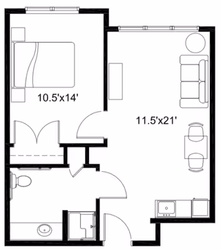 Valyrian Place floor plan showing bedroom, living area, kitchen, and bathroom layout.