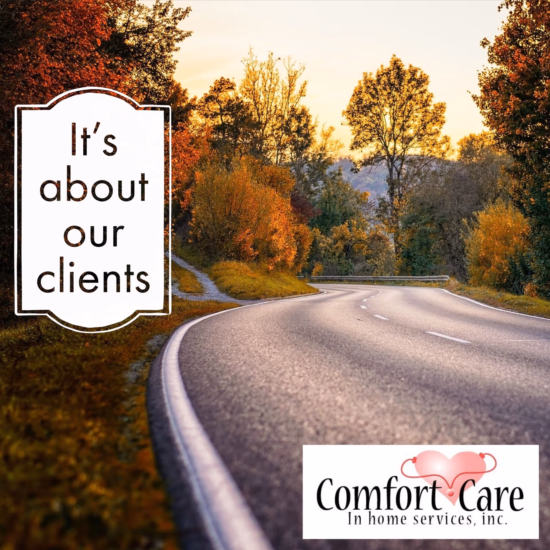 Winding country road lined with autumn trees, with Comfort Care branding overlays.