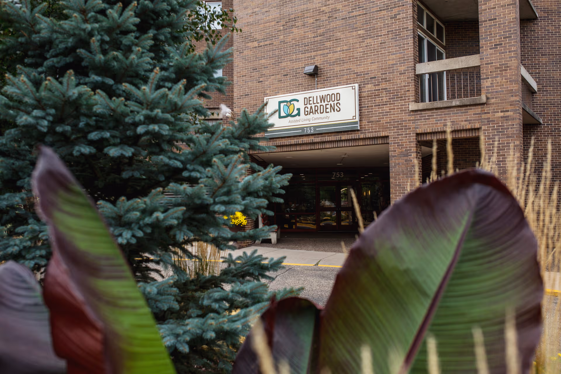 Brick building entrance with Dellwood Gardens sign, framed by large foreground plants.