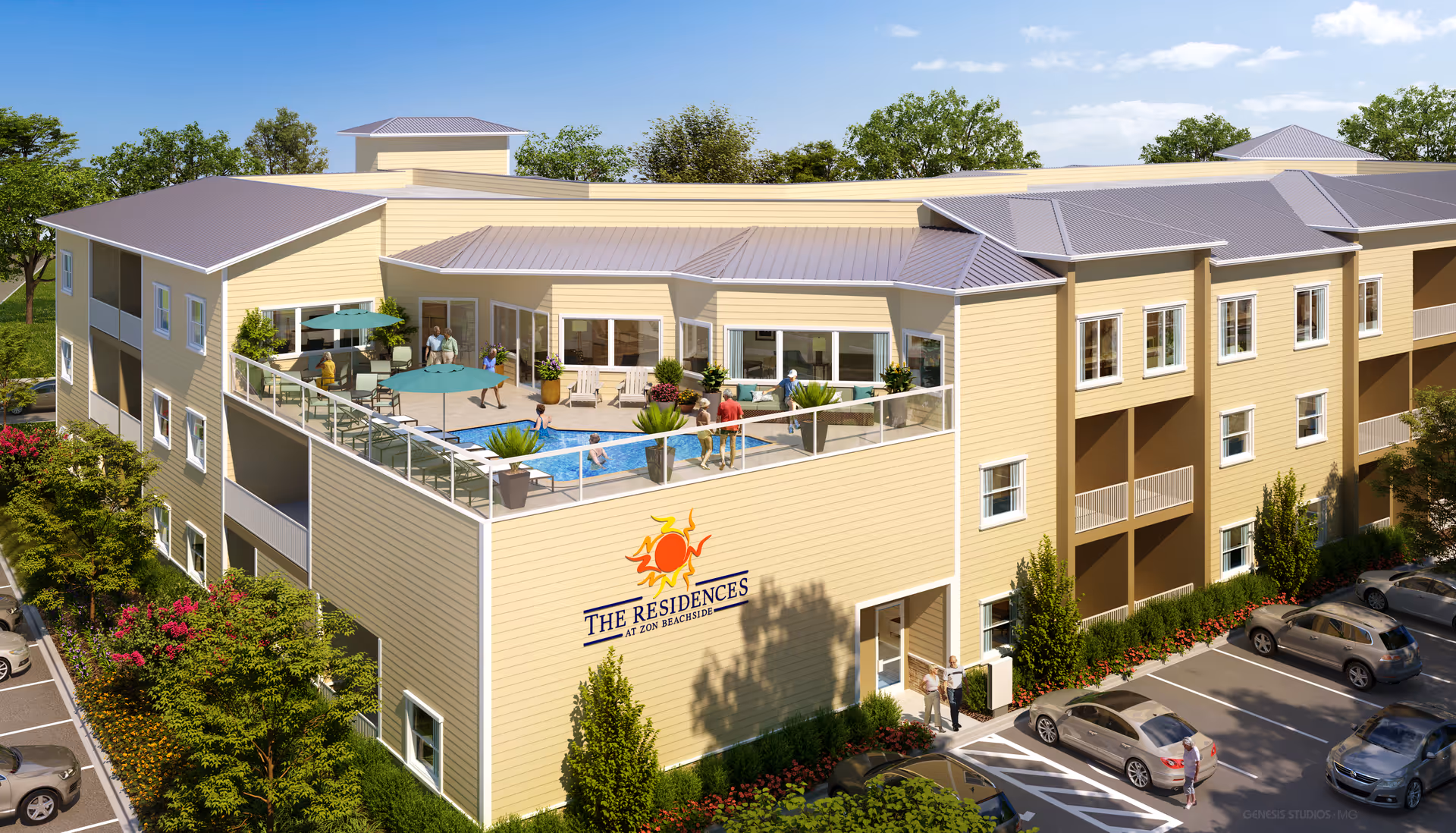 Exterior view of The Residences at Zon Beachside, a multi-story senior living facility with a rooftop pool and seating area. Several people are enjoying the pool and patio space. The building is surrounded by trees, landscaping, and a parking lot with cars.