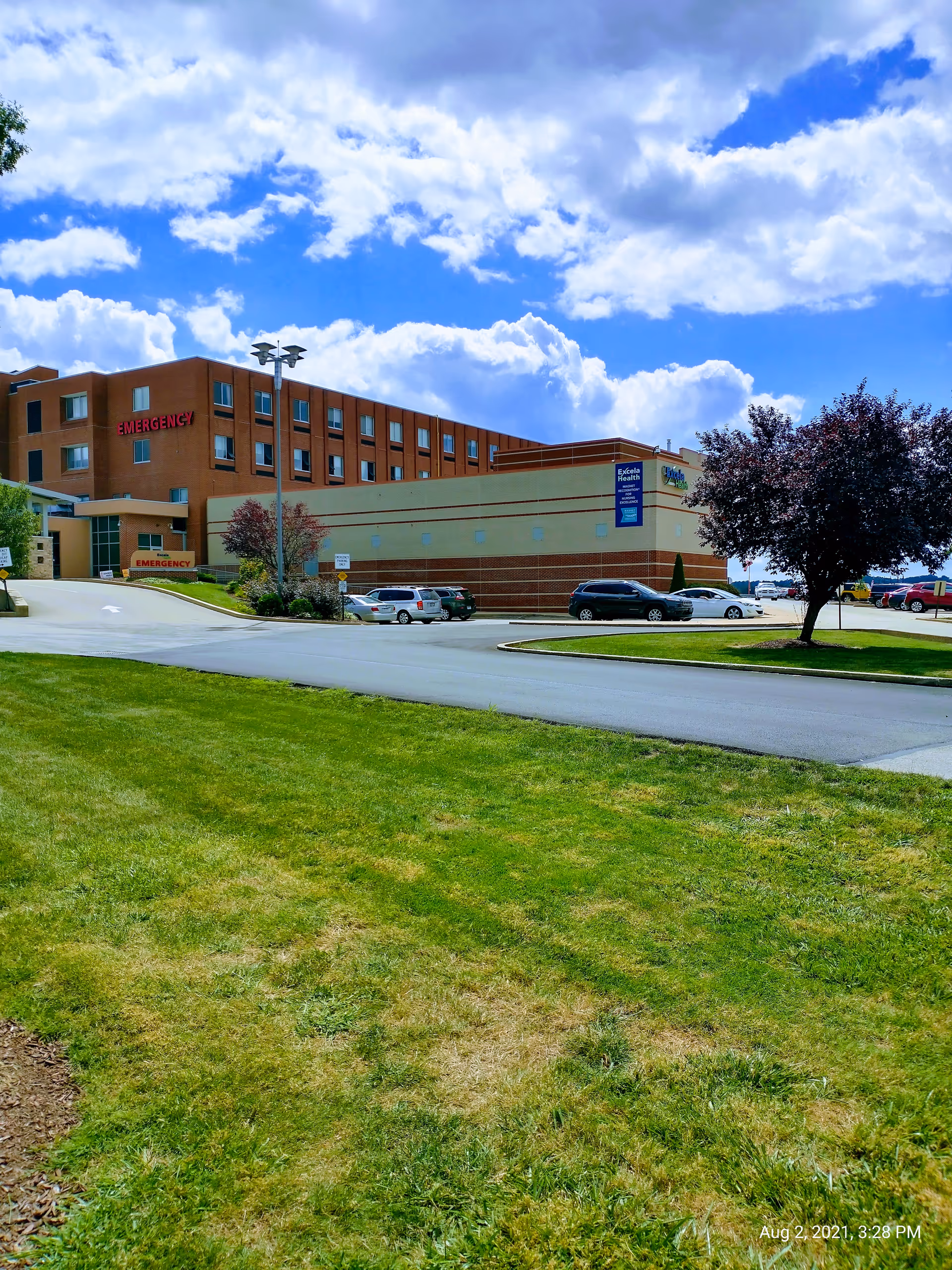 A large brick hospital building with an emergency entrance, cars parked outside, and a grassy foreground.