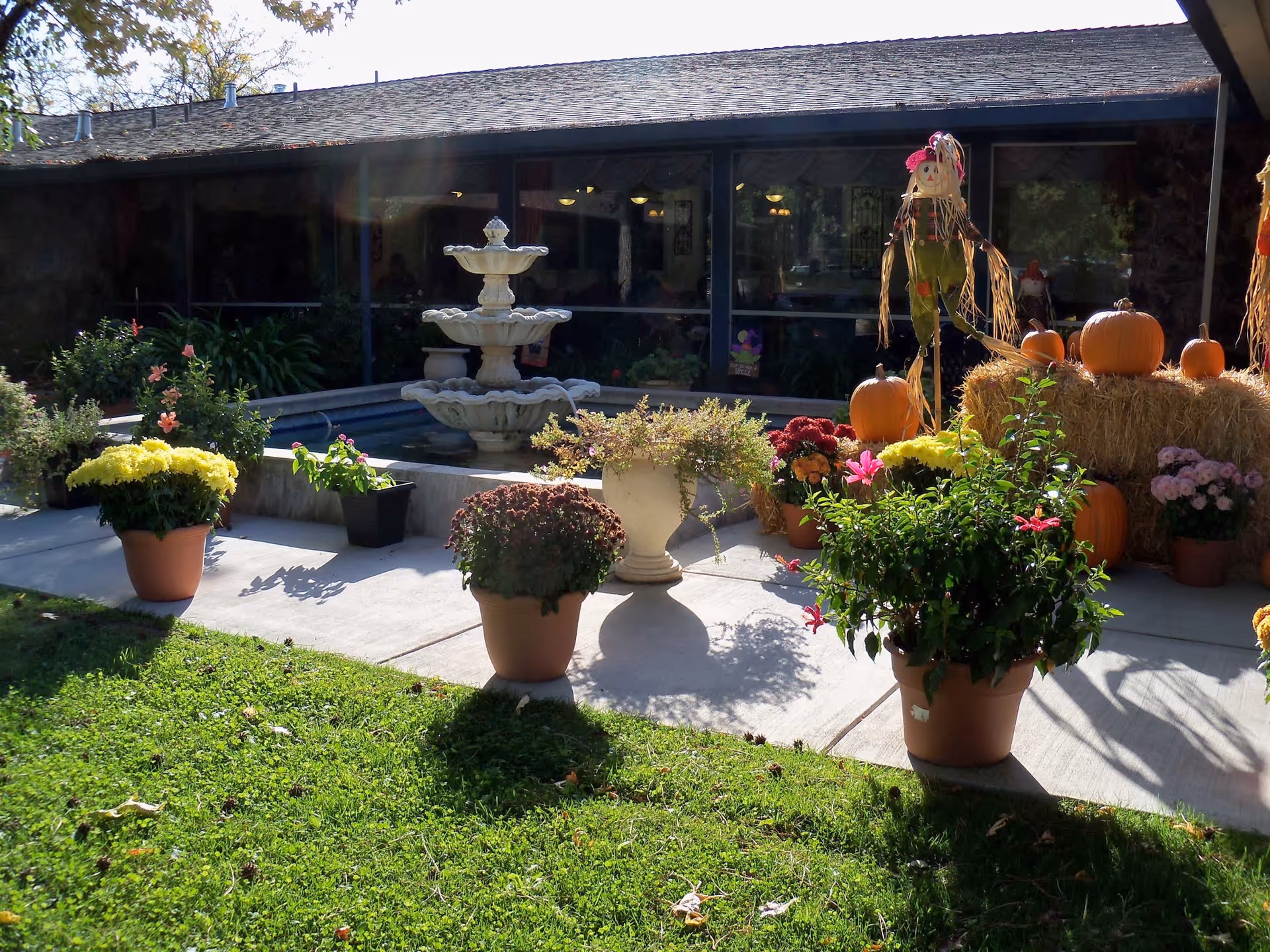Sunlit courtyard with a tiered fountain, potted flowers, pumpkins and a scarecrow in front of a nursing facility building.