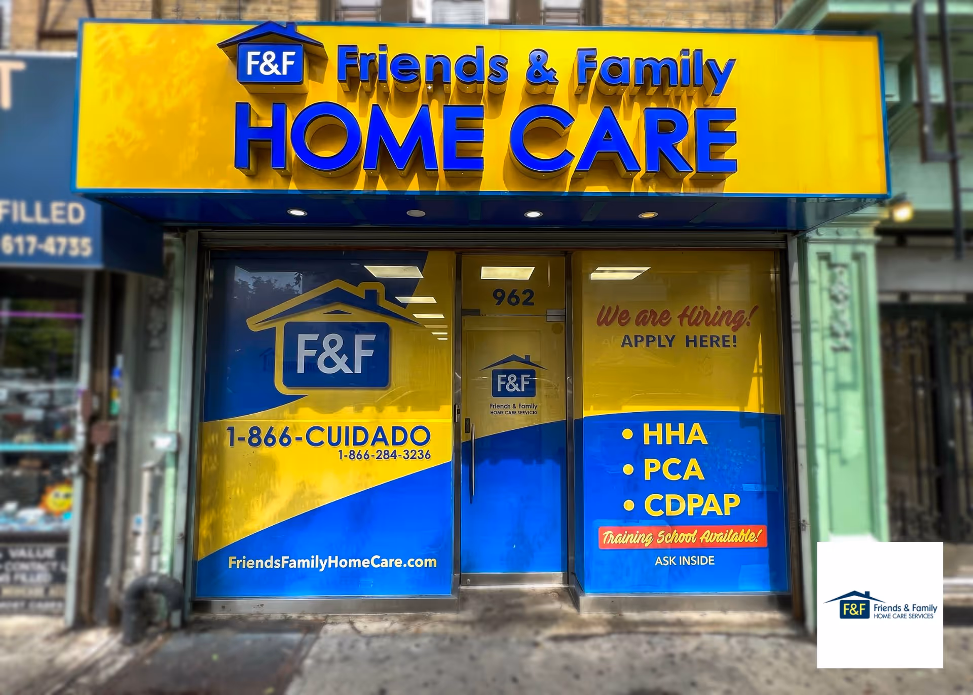 Bright storefront signage for Friends & Family Home Care with large HOME CARE letters.
