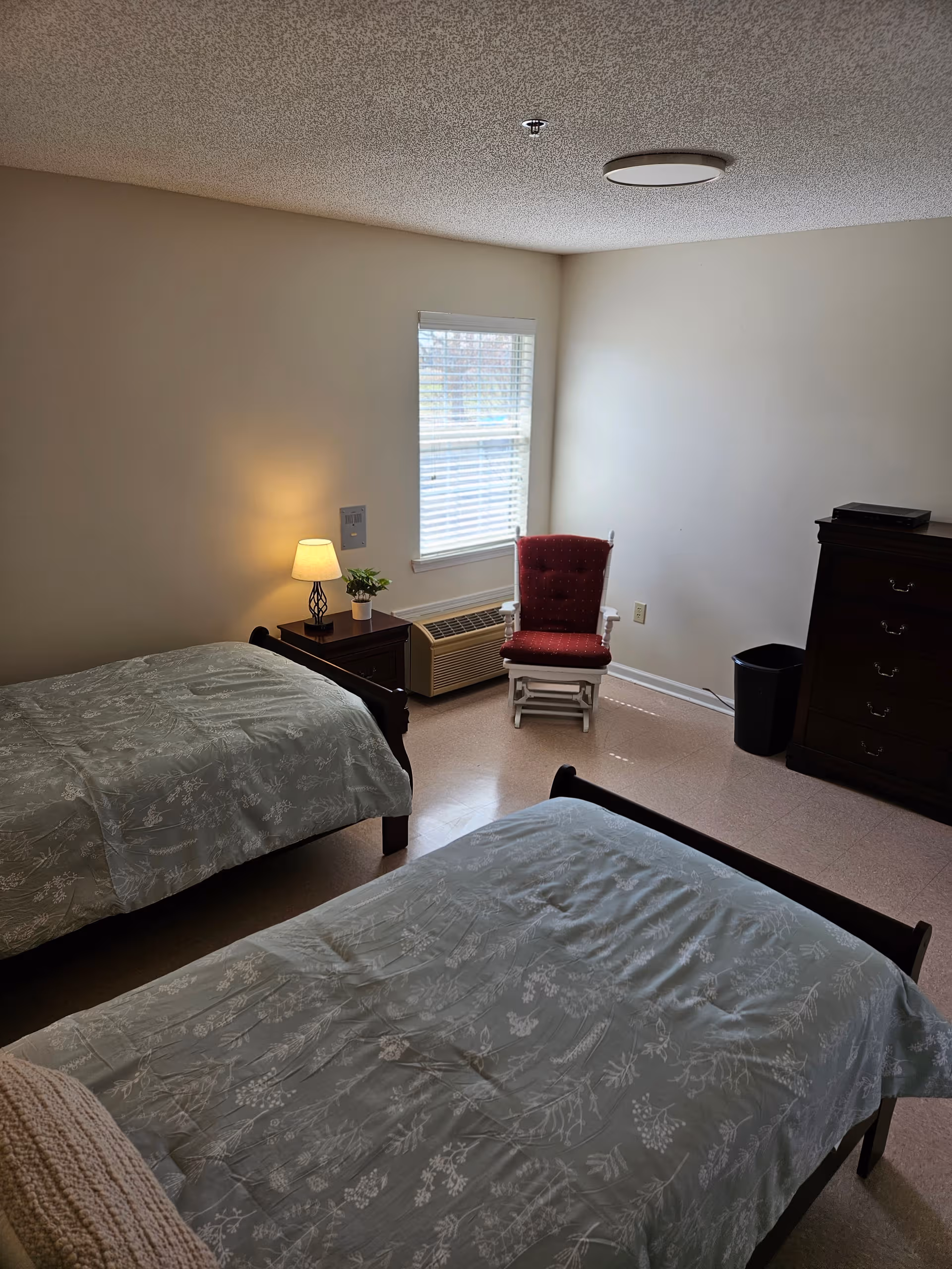 Two single beds, nightstand with lamp, window, and dresser in a calm bedroom.