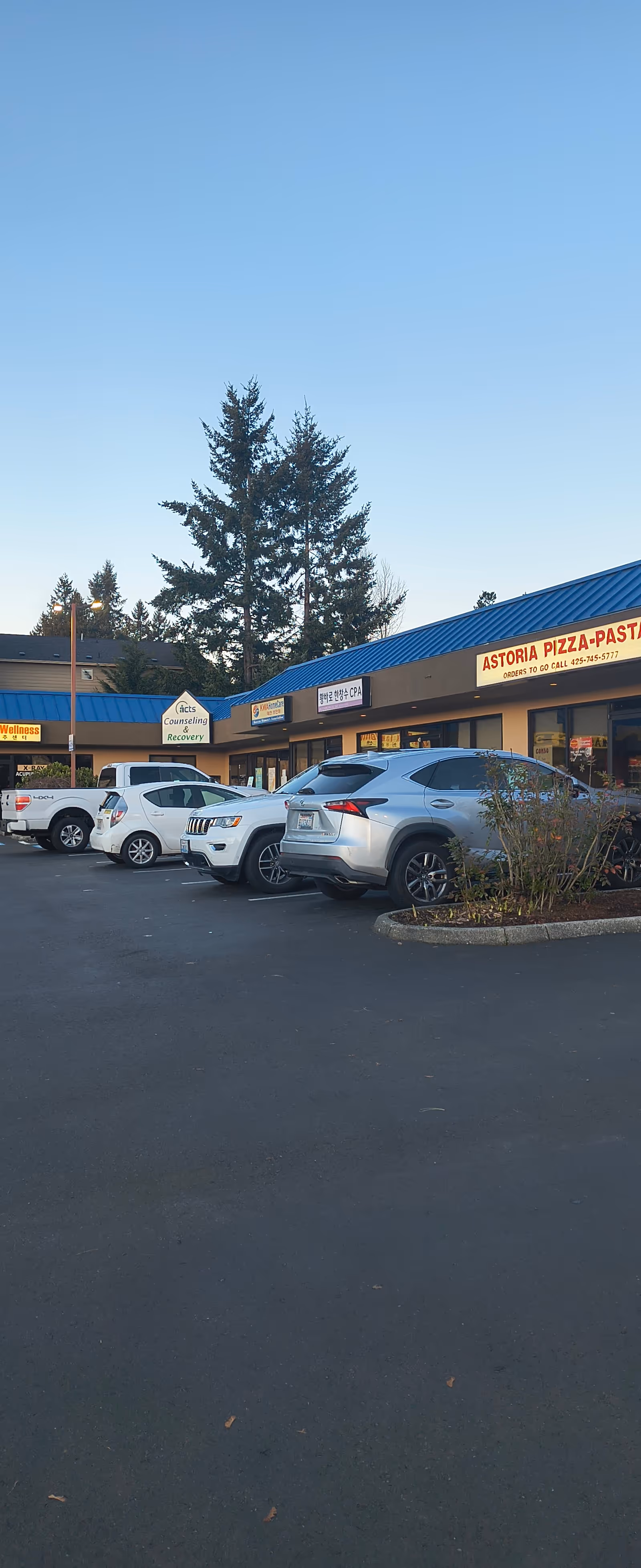 A strip mall exterior with storefronts and parked cars in a parking lot.