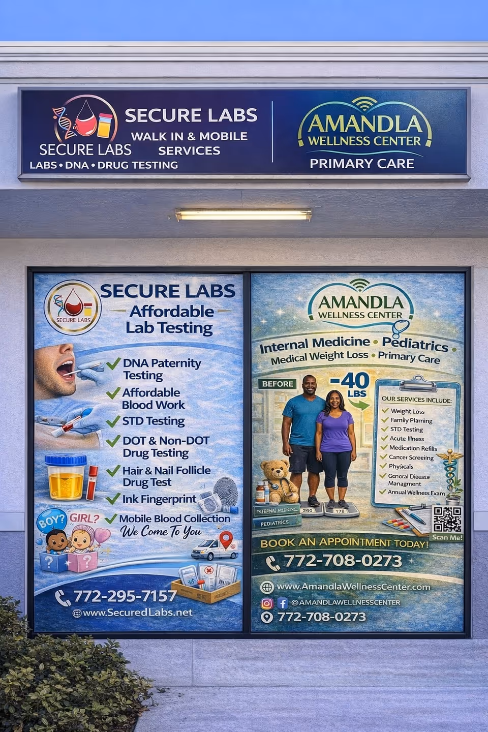 Storefront with signs for Secure Labs and Amandla Wellness Center above promotional posters.