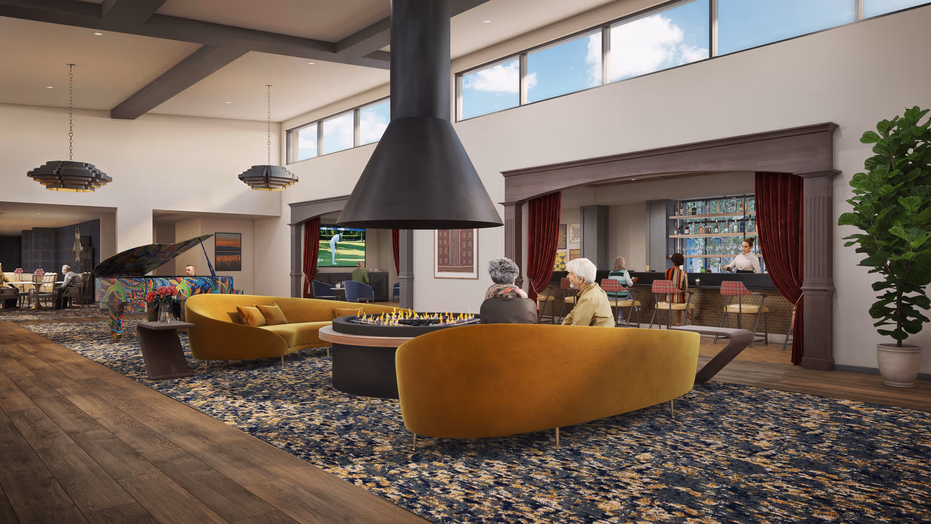 Spacious senior living lounge featuring mustard sofas, a central fireplace hood, chessboard table, and bar.