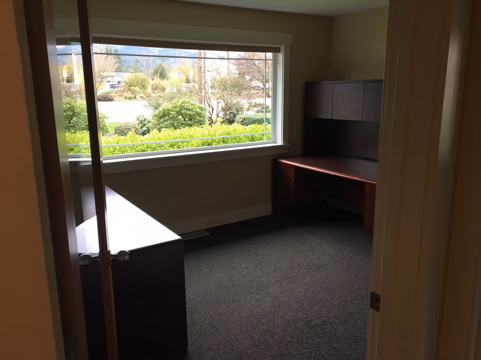 Interior office space with dark wood desk, shelving, and a large window overlooking greenery.