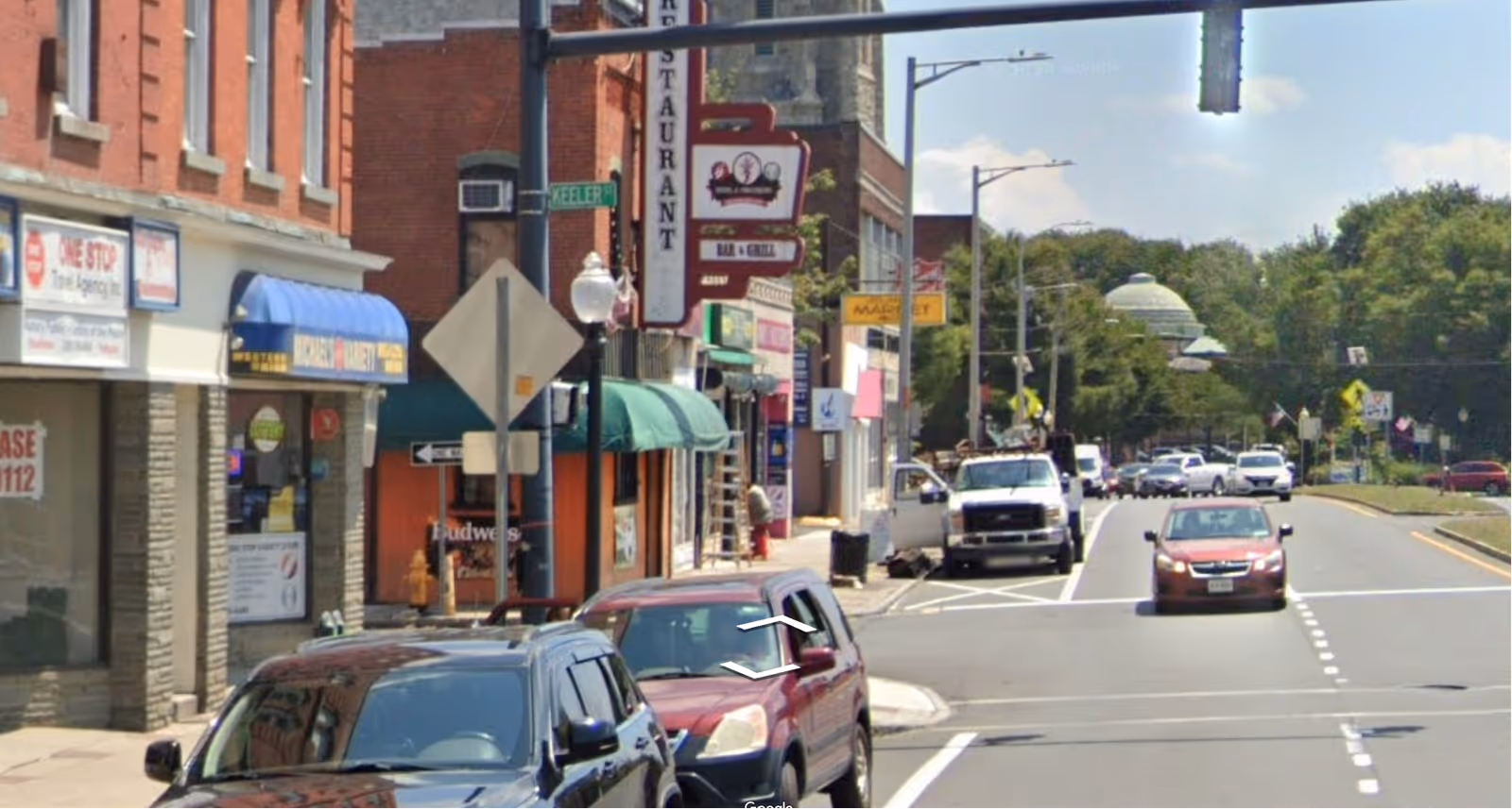 Busy downtown street with storefronts, parked cars, and traffic lights along a tree-lined avenue.