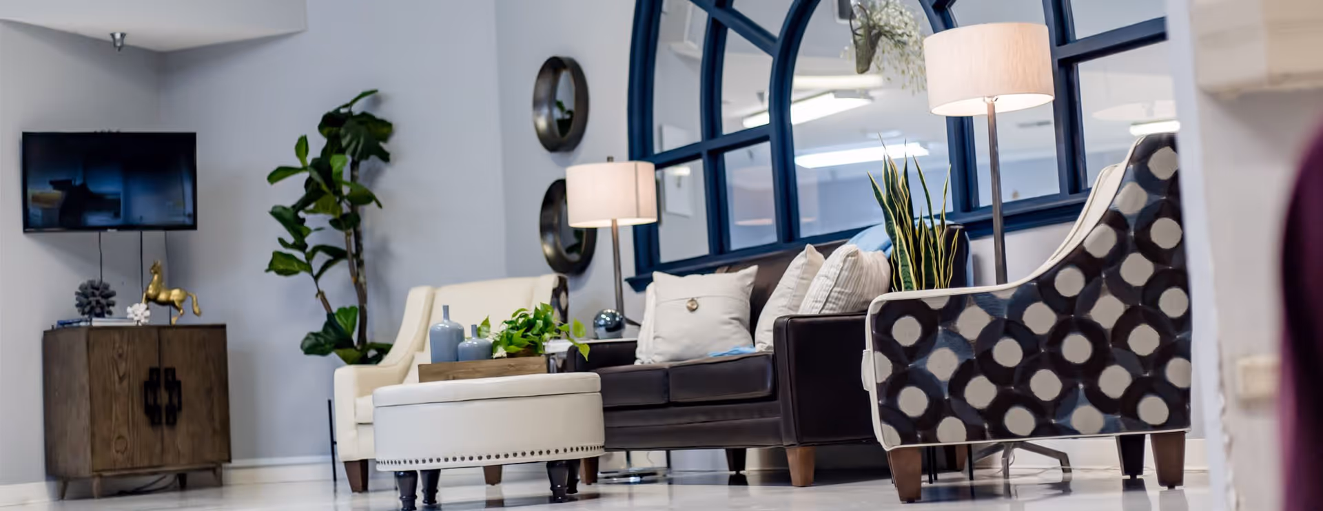 Stylish lounge area with a sofa, patterned armchair, ottoman, lamps, TV, and decorative plants.
