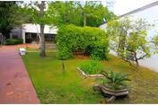 Outdoor courtyard at Eden Springs Nursing & Rehab with greenery, benches, and a brick path.