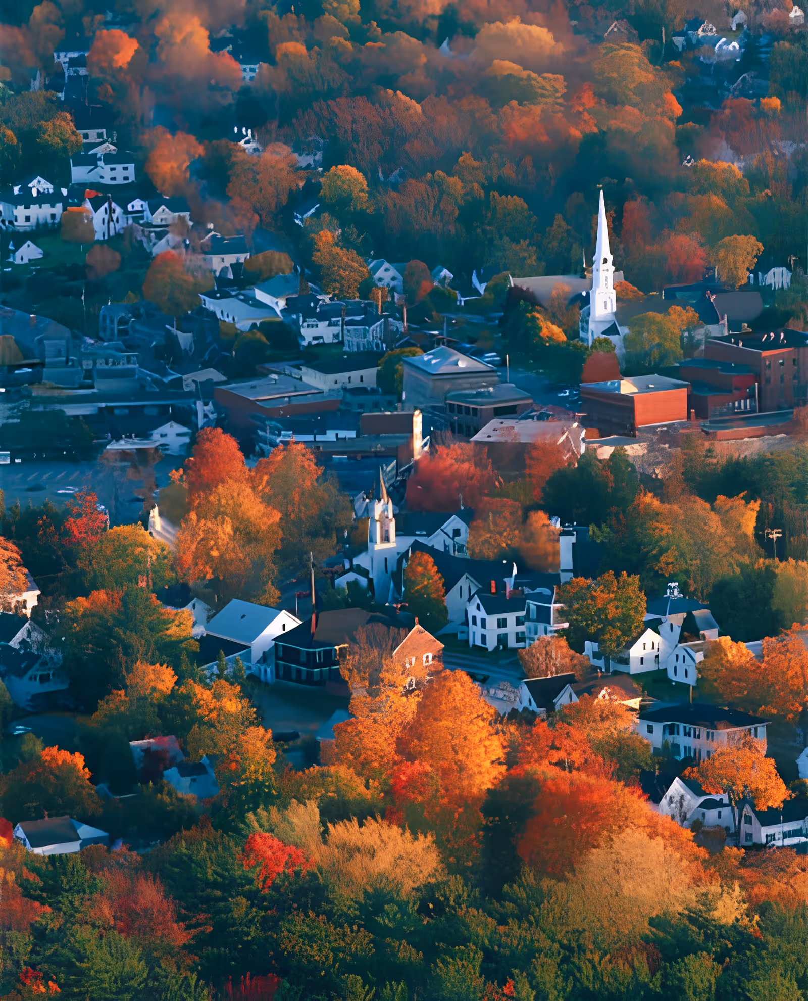 Aerial view of a small town in autumn with colorful fall foliage in shades of orange, red, and yellow surrounding white and brick buildings, including a prominent white church with a tall steeple.