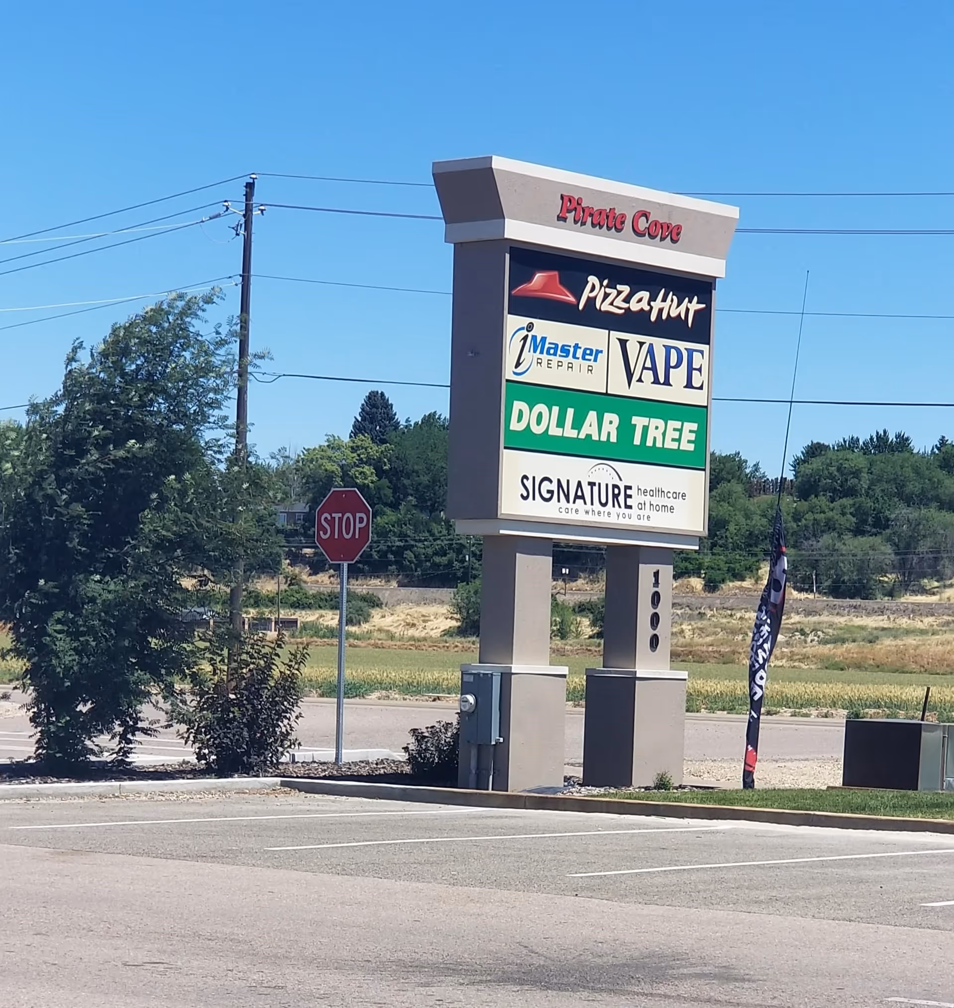 Tall outdoor sign displaying multiple tenants including Pizza Hut, Vape, Dollar Tree, and Signature Healthcare.
