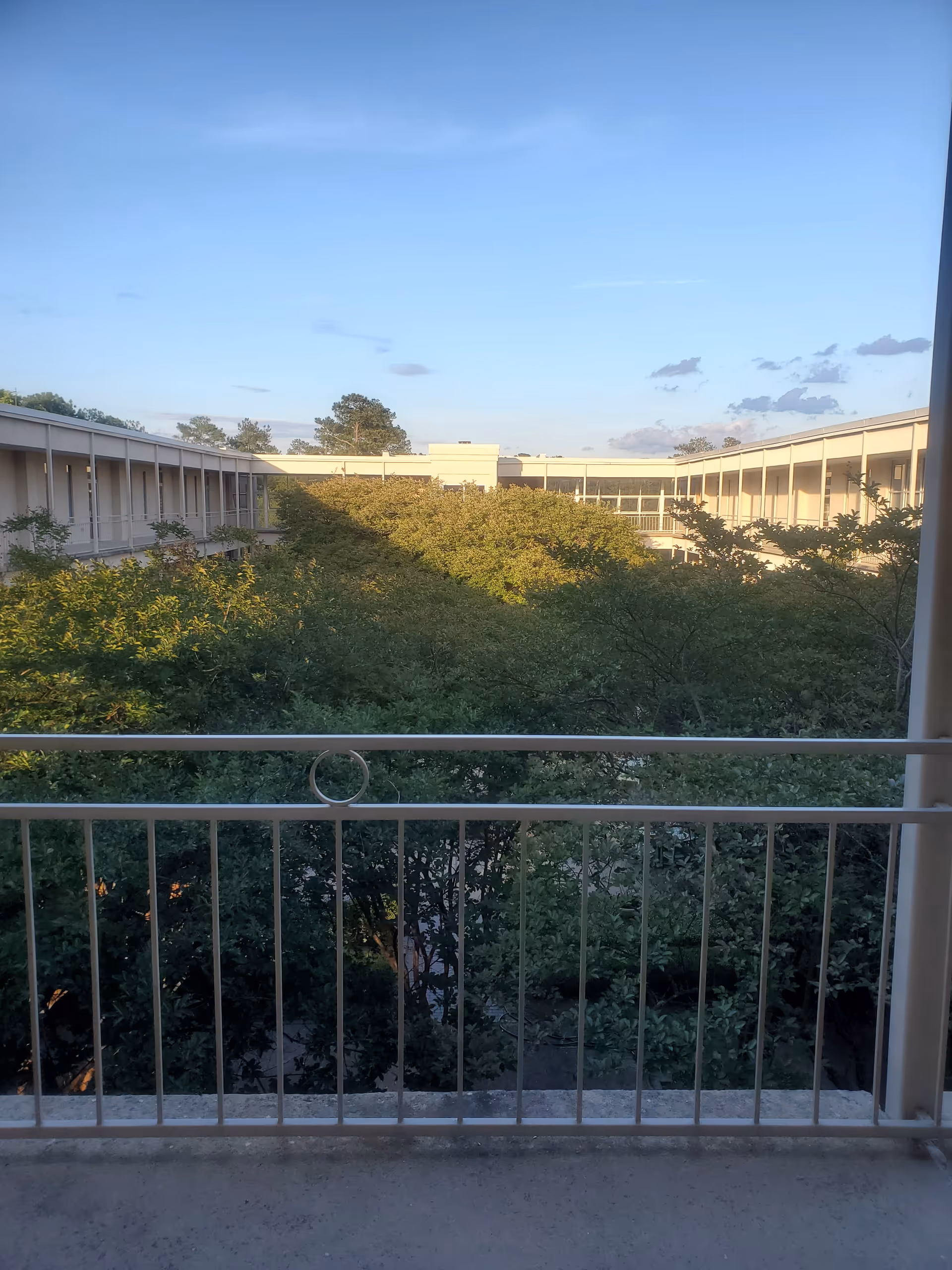 Balcony railing overlooks a tree-filled courtyard between two long building wings.