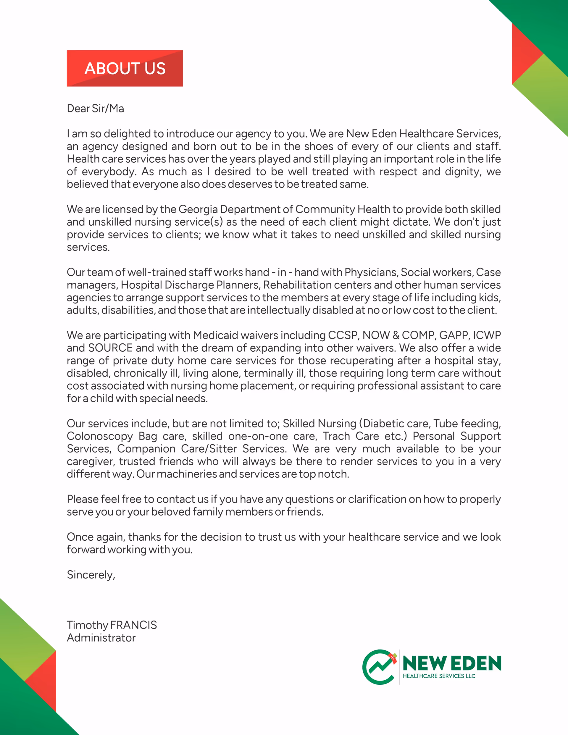 Printed 'About Us' letter from New Eden Healthcare Services LLC with logo and decorations.
