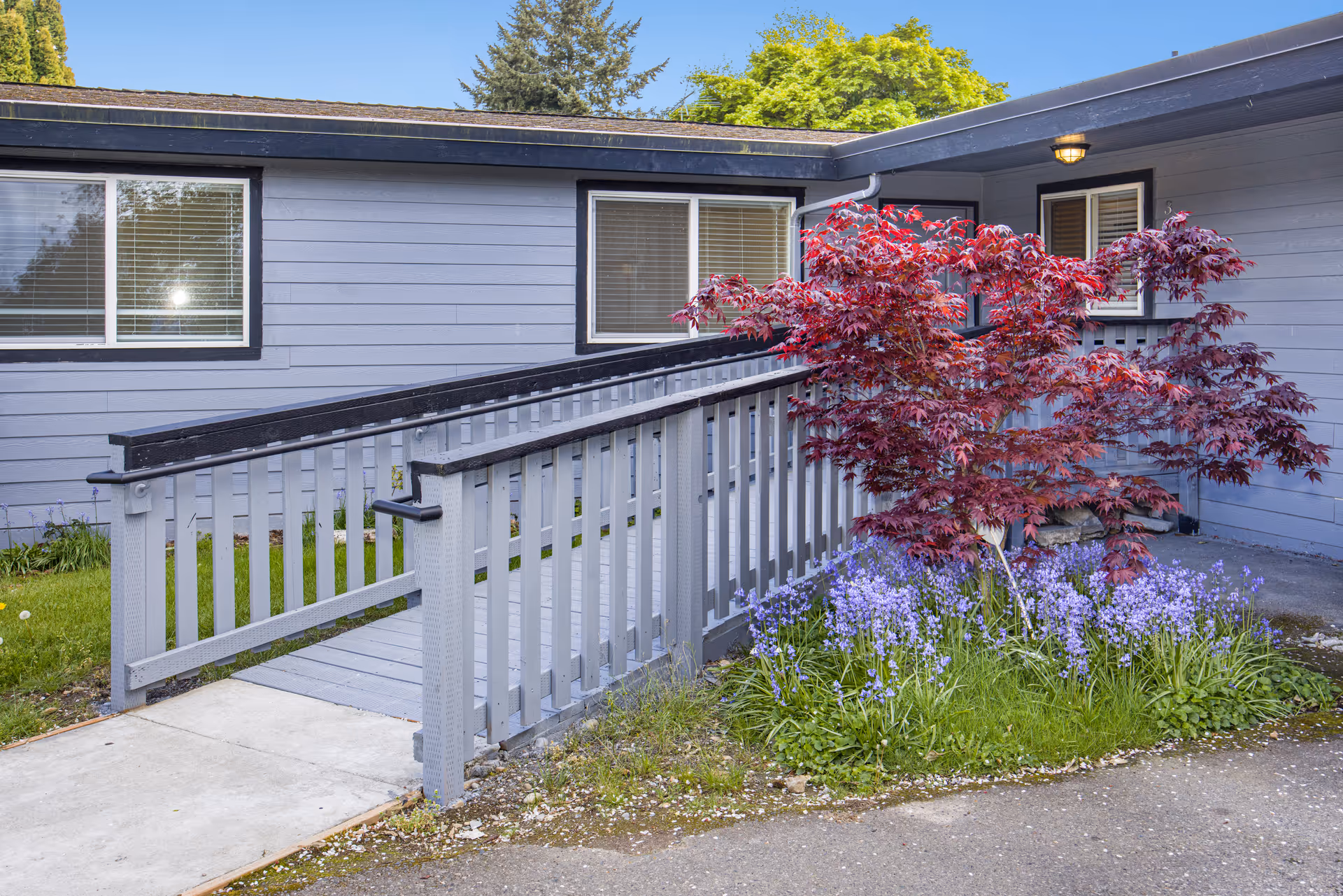 Exterior view of a senior living facility with a ramp, purple flowers, and a maple tree.