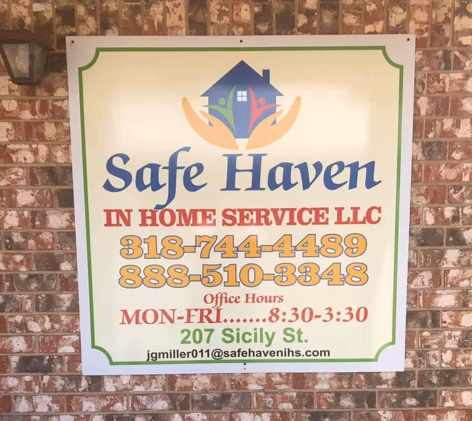 Sign on brick wall advertising Safe Haven In Home Service LLC with contact information