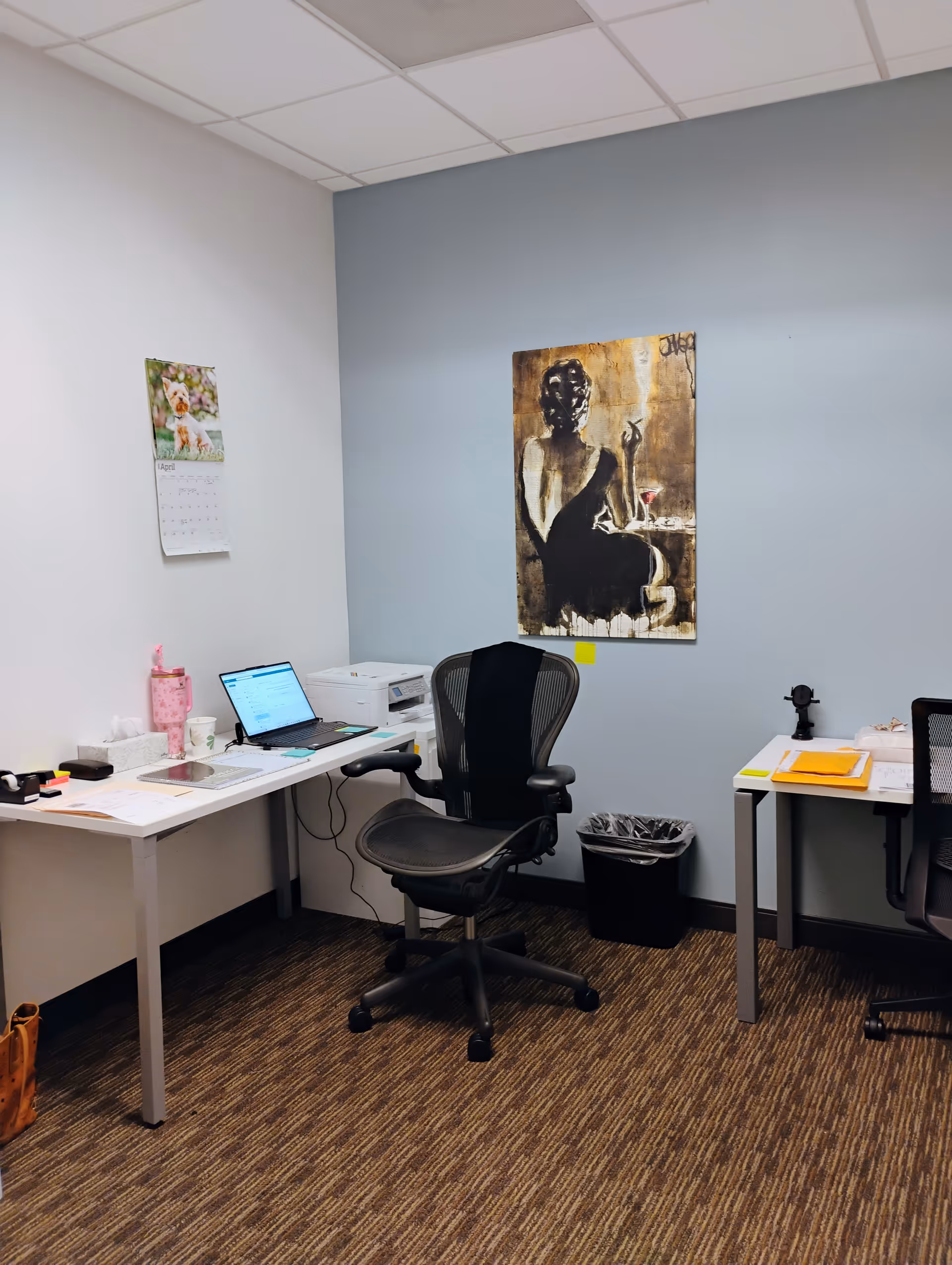 A small office with desk, laptop, printer, and artwork on light blue walls.