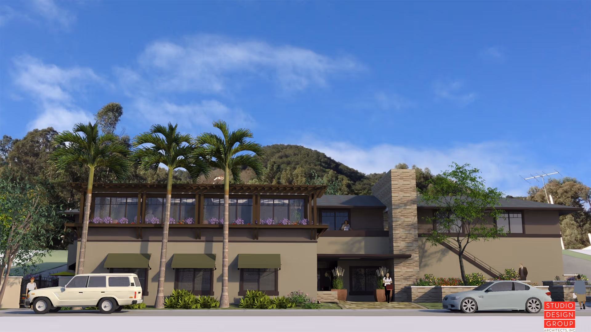 Vista Rosa Elder Care exterior: modern two-story building with palm trees, cars, and blue sky.