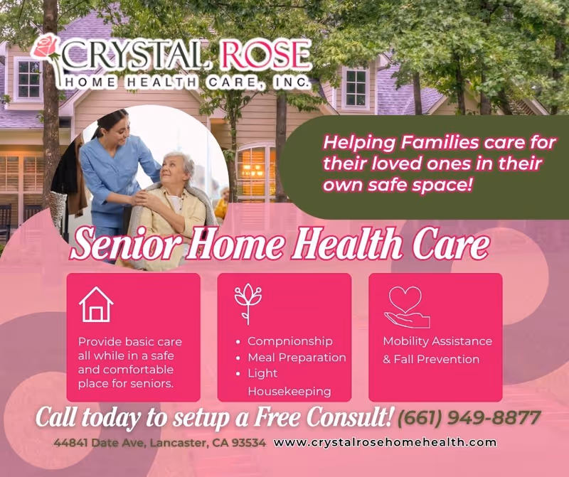 Exterior view of Crystal Rose Home Health Care building with a caregiver assisting an elderly patient.
