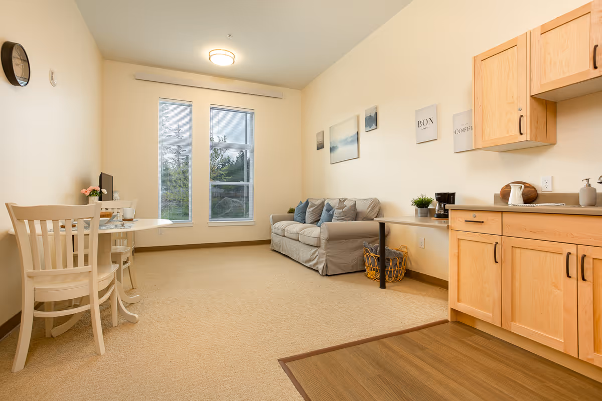 Sunlit interior living area with sofa, dining set, and kitchenette cabinets.