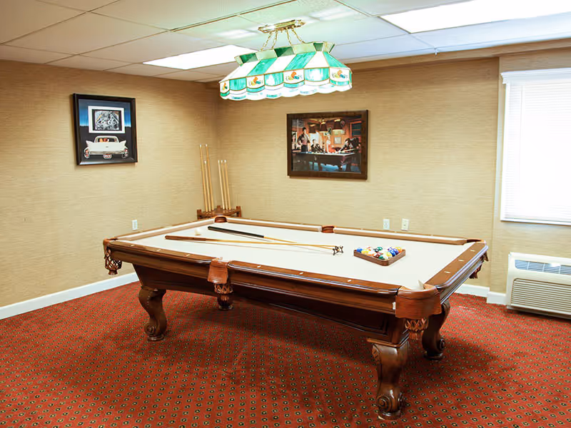 Interior room featuring a pool table under a stained-glass hanging light with framed pictures on the walls.